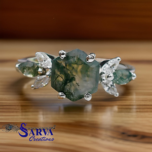 Women's 925 Silver <b>Moss</b> <b>Agate</b> Hexagon Moissanite <b>Ring</b> With Diamond Flower Prong Setting Romantic Gemstone Engagement <b>Ring</b> - Product Image 1