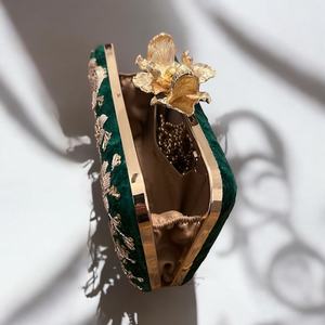 Jewelry bag Case with Gold Floral Embroidery and Magnetic <b>Snap</b> Closure green colour packaging bag - Product Image 3