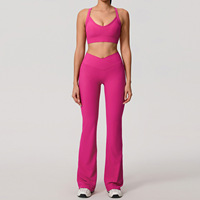 Ensemble de yoga respirant et à séchage rapide, grande taille, 2 pièces, en Spandex/Polyester haute élasticité, avec soutien-gorge de sport et pantalon évasé taille haute