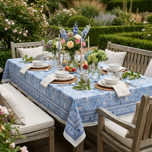 Meadow Song Blue 10 Seater <b>Tablecloth</b> 180x270cm Handcrafted Block Printed 100% Cotton Wedding Dining Home Decor Style - Product Image 6
