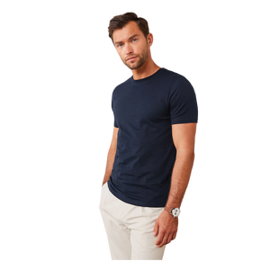 Camiseta de Manga Corta con Cuello Redondo para Hombre, Color Azul Marino, 100% Algodón, Corte Ajustado, Estilo Casual, Color Sólido, Tejido de Punto Jersey - Product Image 3