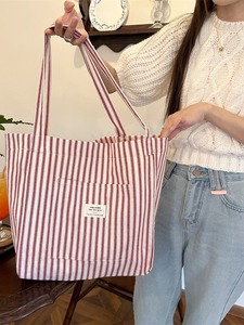 Fashionable Versatile Striped <b>Canvas</b> <b>Bag</b> <b>Large</b> Capacity Lightweight Women's Shopping Shoulder <b>Bag</b> - Product Image 6