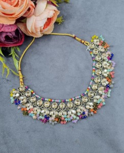 Conjunto de collar de gargantilla con piedra preciosa de corte redondo Royal, con aretes y mangtika, chapado en oro antiguo, joyería de diseñador de moda al por mayor. - Product Image 5