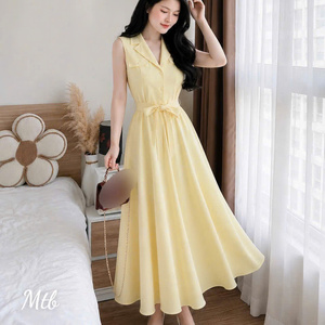 Vestido Maxi de Fiesta para Mujer, de Seda, Sencillo, Elegante, Formal, de Manga Corta, Cuello Polo, Color Sólido, Lavable, Cintura Natural, Cómodo - Product Image 4