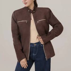 Carolyn Womens <b>Suede</b> Brown Leather <b>Jacket</b>-Breathable Stand-Up Collar Zipper Closure Winter - Leather <b>Jacket</b> Brown - Product Image 2