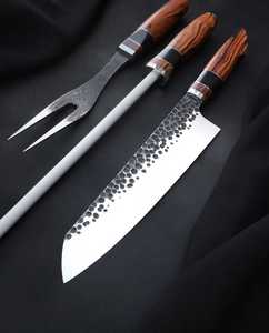 Handmade Carbon Steel <b>Knife</b> <b>Set</b> With Wood Handle 3-Piece Includes Chef <b>Knife</b> Fork And Skewer <b>Sharp</b> And Durable For Kitchen Use - Product Image 1