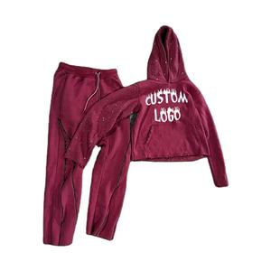 Ensembles de pantalons de survêtement évasés pulls à capuche courts unisexe avec impression de logo personnalisé survêtement d'hiver uni à bandes latérales pour hommes - Product Image 1