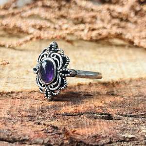 Anillo Floral Vintage de Amatista, Anillo Boho de Latón para Mujer, Acabado en Plata Oxidada, Joyería de Moda al por Mayor - Product Image 4