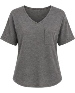 Custom Charcoal Grey V Neck Womens Casual T Shirt Short Sleeve Cotton Blend Soft Lightweight Pocket Tee Summer Comfortable <b>Top</b> - Product Image 1