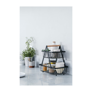 Cestino portafrutta doppio in metallo con manico in legno per la conservazione in cucina - Product Image 3