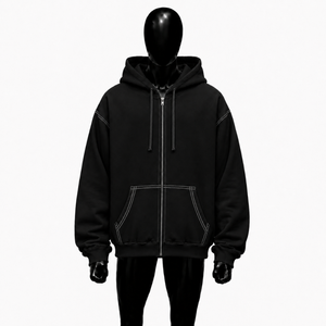 Custom Oversized <b>Black</b> Zip Up <b>Hoodie</b> <b>Men</b> Streetwear Full Zipper Hooded Sweatshirt Drop Shoulder Contrast Stitching Casual Wear - Product Image 1