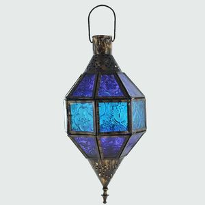 <b>Brass</b> <b>Lantern</b> With Blue Embossed Glass Panels Geometric Design Home Decoration Candle Holder - Product Image 5