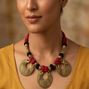 DIVYORO Collier en cordon de tissu rouge et noir traditionnel avec pendentifs métalliques, longueur réglable pour femme, idéal pour les fiançailles - Product Image 4
