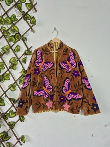 Fabulosa Chaqueta Corta de Terciopelo con Bordado de Mariposas, Estilo Duster, para Invierno, con Cuello Suzani, Abrigo Corto Cálido para Primavera y Fiestas - Product Image 2