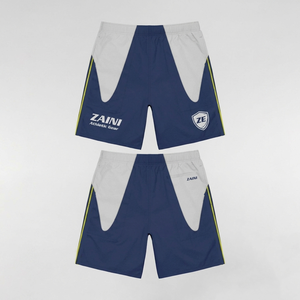 Pantalones Cortos Cortavientos de Poliéster Taslon de Alta Calidad, 120 GSM, Diseño de Paneles Blanco y Azul Marino, Logotipo Personalizado Serigrafiado - Product Image 1