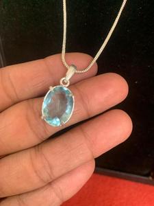Collar con Colgante Ovalado de Plata Alemana con Gema, Engaste de Bisel, Cadena de Piedra Natural, Joyería para Mujer, Regalo, Topacio Azul Genuino Hecho a Mano - Product Image 3