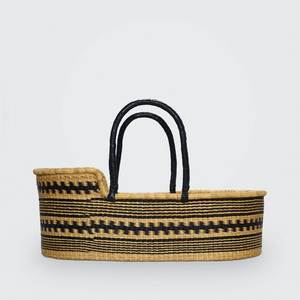Woven striped <b>seagrass</b> changing <b>basket</b> integrated with rattan changing kid <b>basket</b> and black handles for diaper <b>storage</b> - Product Image 4