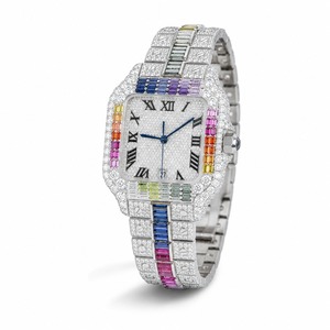 Reloj de lujo unisex rectangular con diamantes y pulsera de piedras preciosas de colores, movimiento de cuarzo analógico, esfera con números romanos, cristal de zafiro, 44 mm - Product Image 2