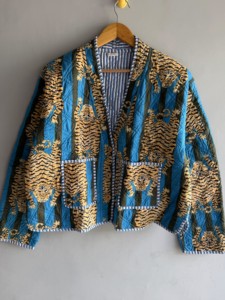 Chaqueta Kimono Acolchada con Estampado de Tigre Vintage, Azul, Patrón Animal, Manga Larga, Frente Abierto, Ropa Exterior Informal, Abrigo para Mujer, Regalo para Ella - Product Image 1