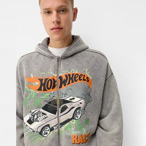 2024 High Quality Custom High Gsm 100% Cotton Sun Faded Acid Wash cotton blended Oversized screen print Zip up Hoodies <b>for</b> Men - Product Image 3