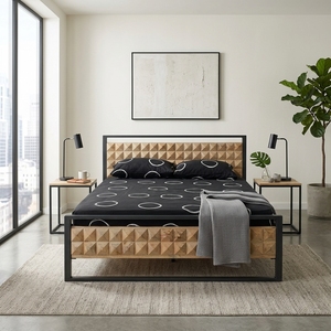Dice <b>Bed</b> Modern Industrial Solid Wood <b>Platform</b> <b>Bed</b> <b>Frame</b> With 3D Geometric Carved Headboard And Black Metal Bedroom Furniture - Product Image 5