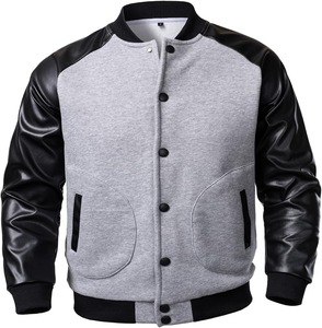 <b>Men's</b> Gray Varsity <b>Jacket</b> Black PU <b>Leather</b> Sleeves Button Closure Casual Style Autumn Wear Regular Fit Solid Color - Product Image 2