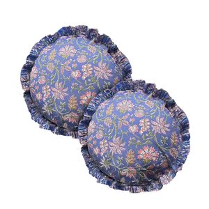 Housse de coussin ronde en coton doux faite à la main en Inde avec franges |   Fermeture à cordon |   Bleu périvinyle |   Faible MOQ Vente en gros Inde - Product Image 2