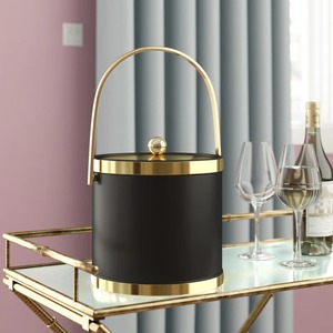Stainless Steel Round <b>Ice</b> Bucket with Blue Leather Band and Handles Modern Insulated Beverage <b>Cooler</b> Tub - Product Image 4