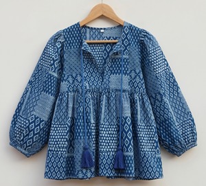 Indigo <b>Patchwork</b> Style Hand Block Print Women's Tank <b>Top</b> 100% Cotton Bohemian Ethnic Floral Lace Bow Casual - Product Image 1