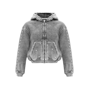 Sudadera con capucha extragrande de algodón 100% con pedrería y lavado ácido para hombre, con cremallera y estampado personalizado, estilo boxy y efecto desgastado. - Product Image 2