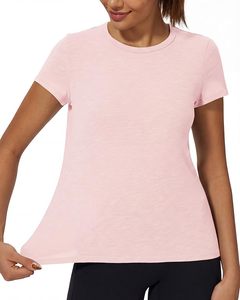 Women's <b>Pink</b> Short Sleeve O-Neck T-Shirt Regular Fit Solid Color Jersey Knitted Cotton Casual Spring Summer - Product Image 3