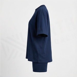 Conjunto de 2 Piezas para Mujer, Camiseta de Manga Corta Tejida Azul Marino Sólido y Pantalones Cortos por Encima de la Rodilla, Estilo Casual Holgado para Primavera/Verano - Product Image 3