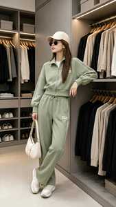 Conjunto Deportivo 2 en 1 para Mujer, Color Marrón y Blanco, Estampado con Bloques de Color, Ligero, de Poliéster/Algodón, Manga Larga, Cuello Alto con Cremallera - Product Image 2