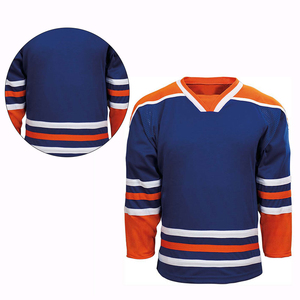 Maillot de hockey sur glace personnalisé pour homme, col en V, manches longues, sublimé, 100 % polyester, anti-humidité, rayures bleues, oranges et blanches - Product Image 3