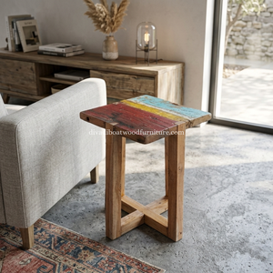 Taburete Cuadrado de Madera de Barco Reciclada Sostenible con Diseño de Patas en X, Muebles de Madera de Bali Ecológicos para Interiores y Exteriores - Product Image 6