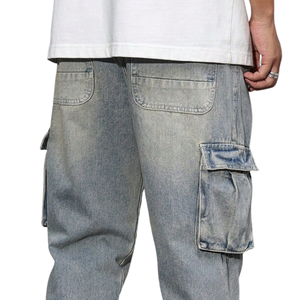 Mens <b>Light</b> Blue Denim Cargo Pants Loose Fit Mid Waist 100% Cotton Breathable Multi Pocket Casual Washed Utility Jeans - Product Image 4