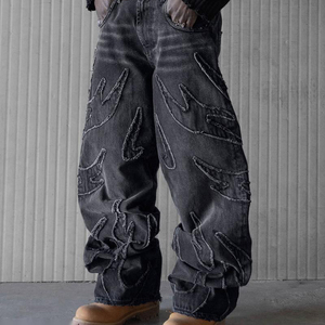Pantalon Harem Noir Effet Vieilli avec Bords Effilochés Coupe Ample Longueur Entière Taille Haute en Coton Denim Style Hip Hop Streetwear - Product Image 2