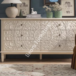Luxury Handcrafted Solid Wood 6 Drawer Dresser Ornate Mandala Floral Carving Antique White Finish - Product Image 4