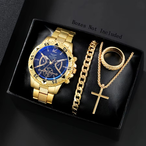 7417 4 pièces/ensemble Montre à quartz élégante pour homme avec calendrier, en or et argent - Product Image 2
