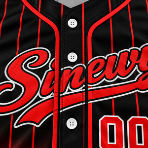 Maillot de baseball Sinewy pour homme, personnalisable avec nom et numéro, rayures rouges et noires, sublimé, anti-humidité, manches courtes, coupe classique pour adulte - Product Image 5