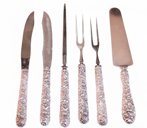 Ensemble de couverts vintage plaqués argent, 6 pièces, ustensiles de service, manche floral, finition mate, résistant à la rouille, vaisselle de cuisine - Product Image 1