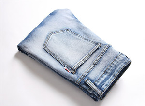 Light Blue Mid Waist Men's <b>Jeans</b> Casual Stretch Hole Tie-Dye Pencil Pants Street Slim Fit Mens Ripped <b>Jeans</b> - Product Image 5