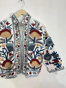 White Suzani Embroidered Jacket Cotton Boho <b>Floral</b> Handcrafted Ethnic Women Coat Stand Collar Vintage Style Outerwear - Product Image 3