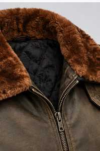 เสื้อแจ็คเก็ตบอมเบอร์หนังผู้ชายบุขนเทียมแบบซิป - Product Image 5