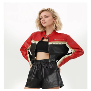 Blouson Biker Court Femme en Cuir Véritable Color Block Respirant Imperméable Coupe-Vent avec Découpes à la Taille Style Urbain - Product Image 4