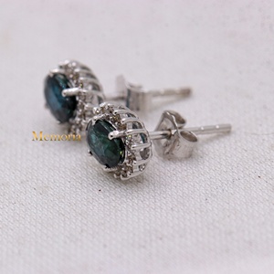 Wholesale 14K Solid White Gold Natural Oval Blue Sapphire Diamond <b>Halo</b> Cluster Prong Set Stud <b>Earrings</b> Fine Jewelry Memoria Jewe - Product Image 4