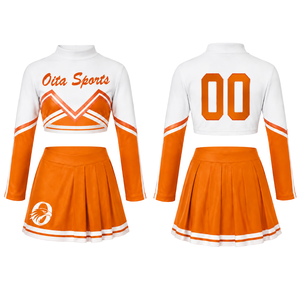 Ensemble uniforme de cheerleading sublimé orange et blanc à manches longues avec jupe plissée pour l'entraînement et la performance des équipes sportives - Product Image 1