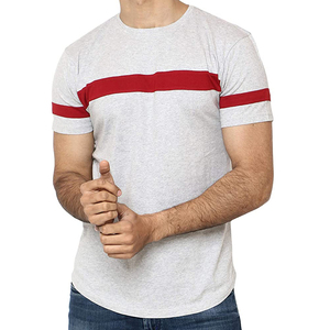 Camiseta de Manga Corta para Hombre, Cuello Redondo, Rayas Grises y Rojas, Estilo Casual, Tejido de Punto, Algodón, Diseño con Ribete en Contraste - Product Image 1