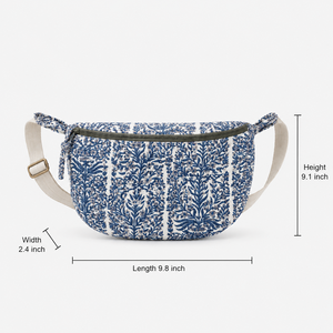 Sac banane bandoulière matelassé en coton bleu paysage pour femme, réglable, fait main, imprimé au bloc, écologique - Product Image 3