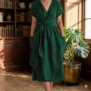 Vestido midi de algodón y lino para mujer, 100% algodón, con bolsillos, cuello en V, estilo bohemio, informal, para vacaciones de verano, precio al por mayor. - Product Image 2